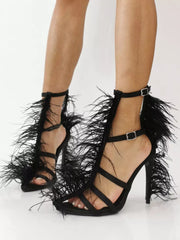 Elegant Faux Feather Detail Chunky Heel Party Style Stiletto High Heel Sandals