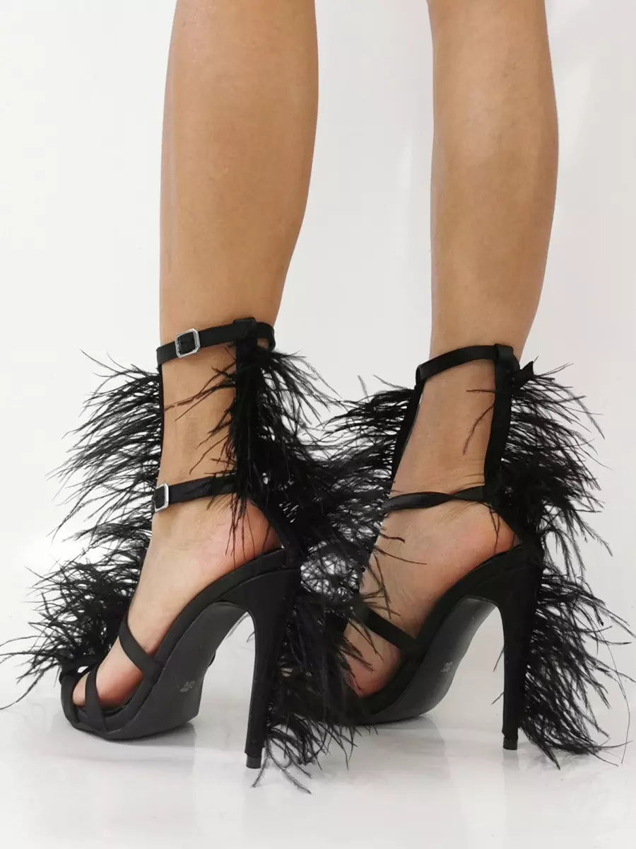Elegant Faux Feather Detail Chunky Heel Party Style Stiletto High Heel Sandals