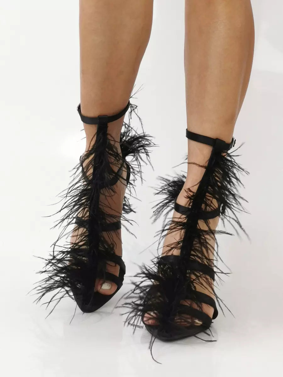 Elegant Faux Feather Detail Chunky Heel Party Style Stiletto High Heel Sandals