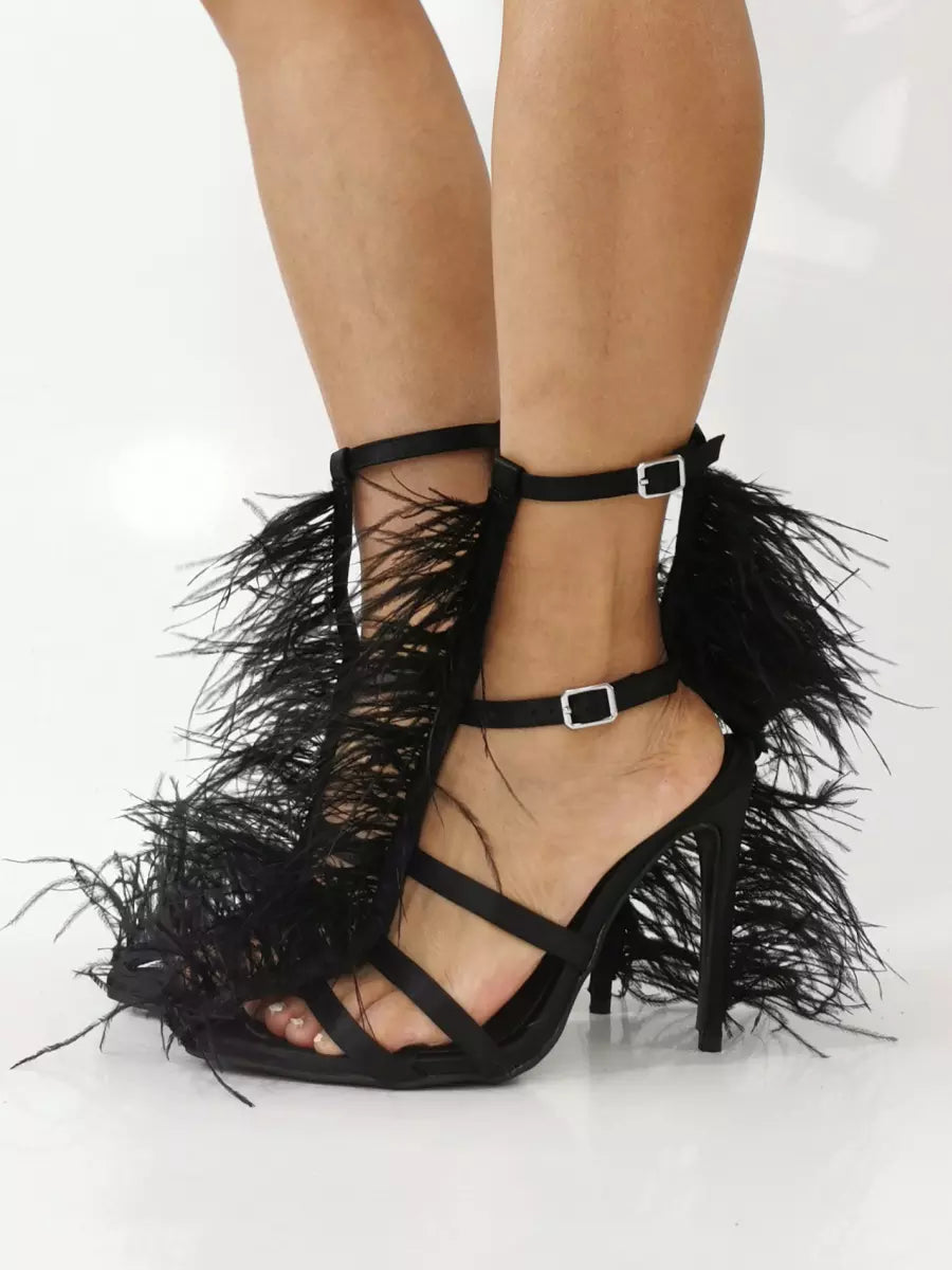 Elegant Faux Feather Detail Chunky Heel Party Style Stiletto High Heel Sandals