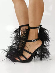Elegant Faux Feather Detail Chunky Heel Party Style Stiletto High Heel Sandals