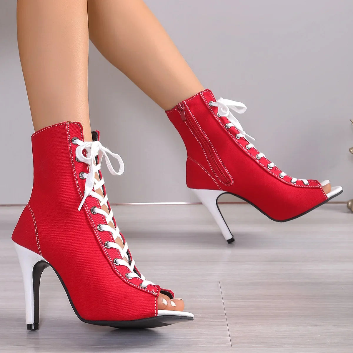 Elegant Fish Mouth Front Buckle Large Size Open Toe Short Tube High Heels Boots