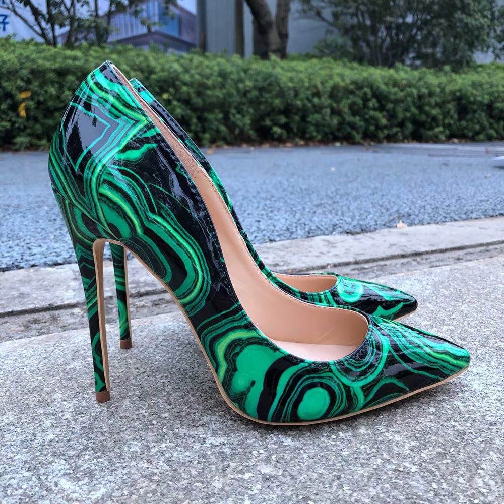 Elegant Floral Print Patent Slip On Pointed Toe Stilettos Pumps High Heel