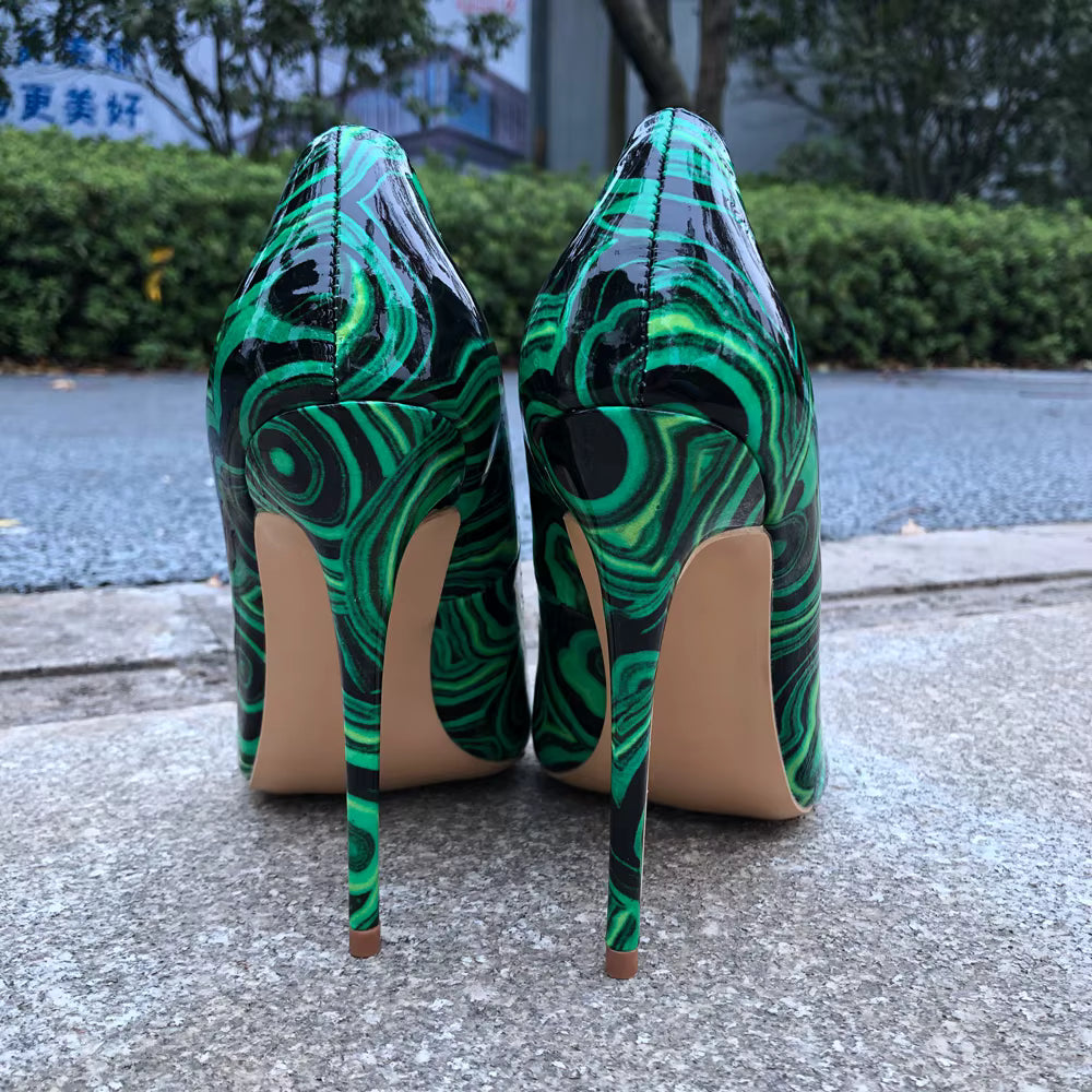 Elegant Floral Print Patent Slip On Pointed Toe Stilettos Pumps High Heel