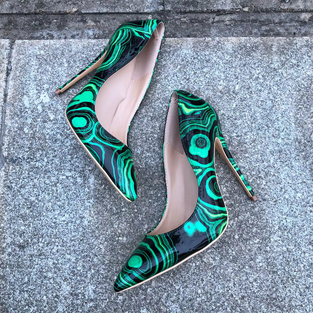 Elegant Floral Print Patent Slip On Pointed Toe Stilettos Pumps High Heel