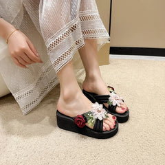 Elegant Flower Embroidered Resistant Thick Soled Flip Flops Sandals