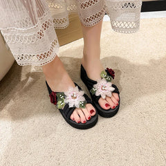 Elegant Flower Embroidered Resistant Thick Soled Flip Flops Sandals