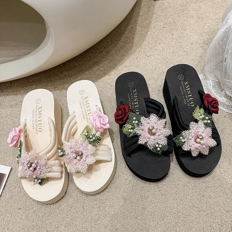 Elegant Flower Embroidered Resistant Thick Soled Flip Flops Sandals