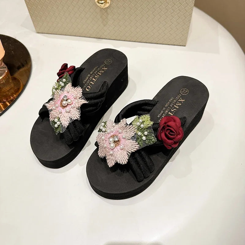 Elegant Flower Embroidered Resistant Thick Soled Flip Flops Sandals
