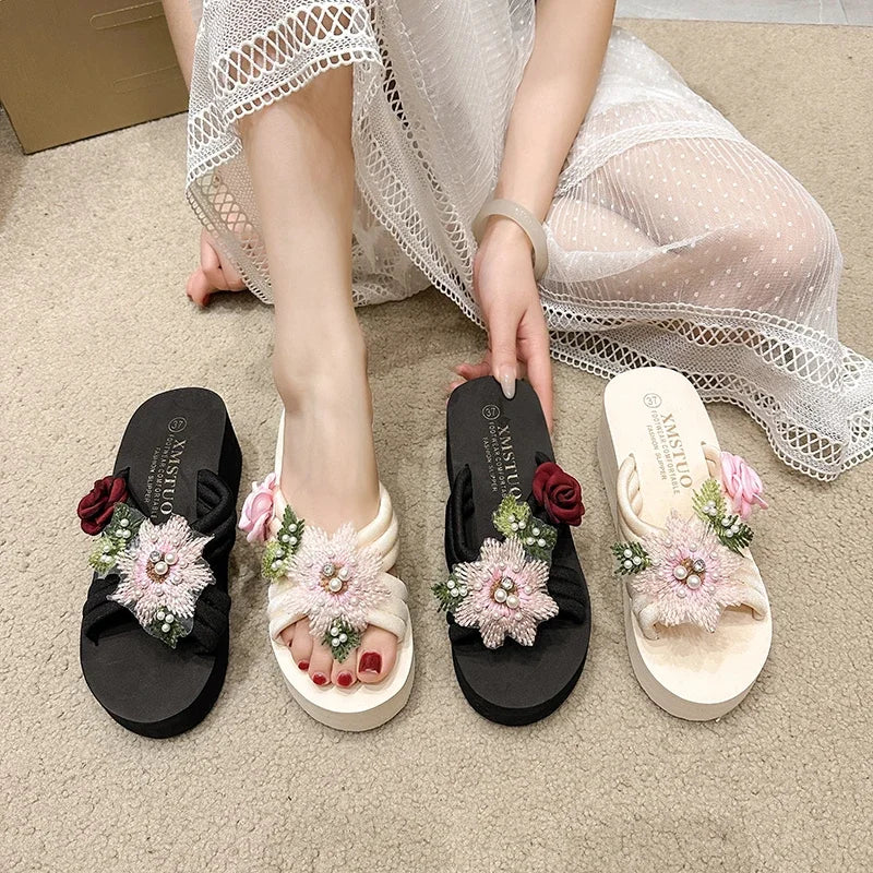 Elegant Flower Embroidered Resistant Thick Soled Flip Flops Sandals