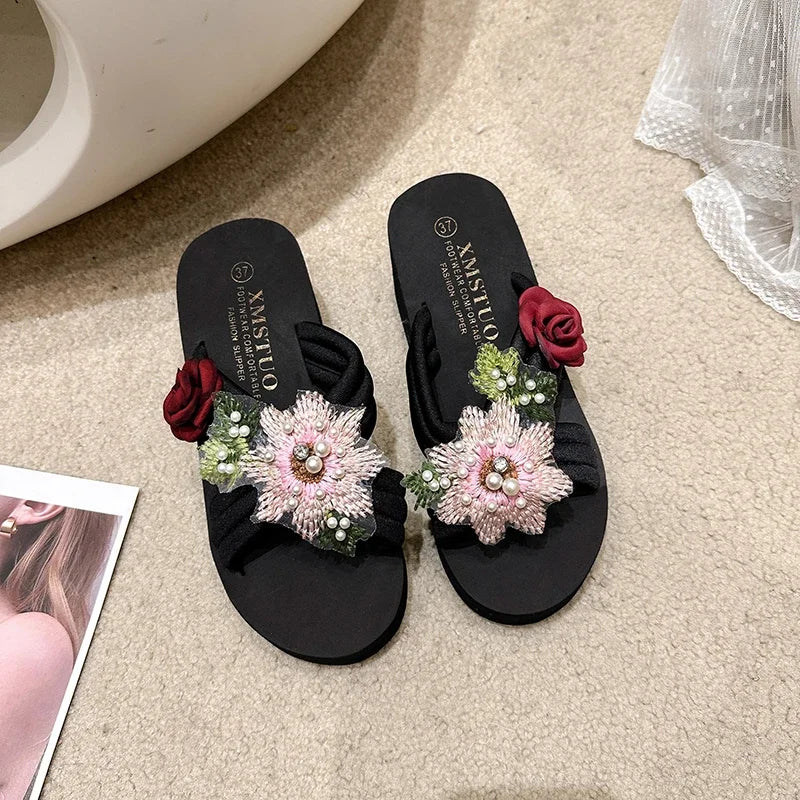 Elegant Flower Embroidered Resistant Thick Soled Flip Flops Sandals