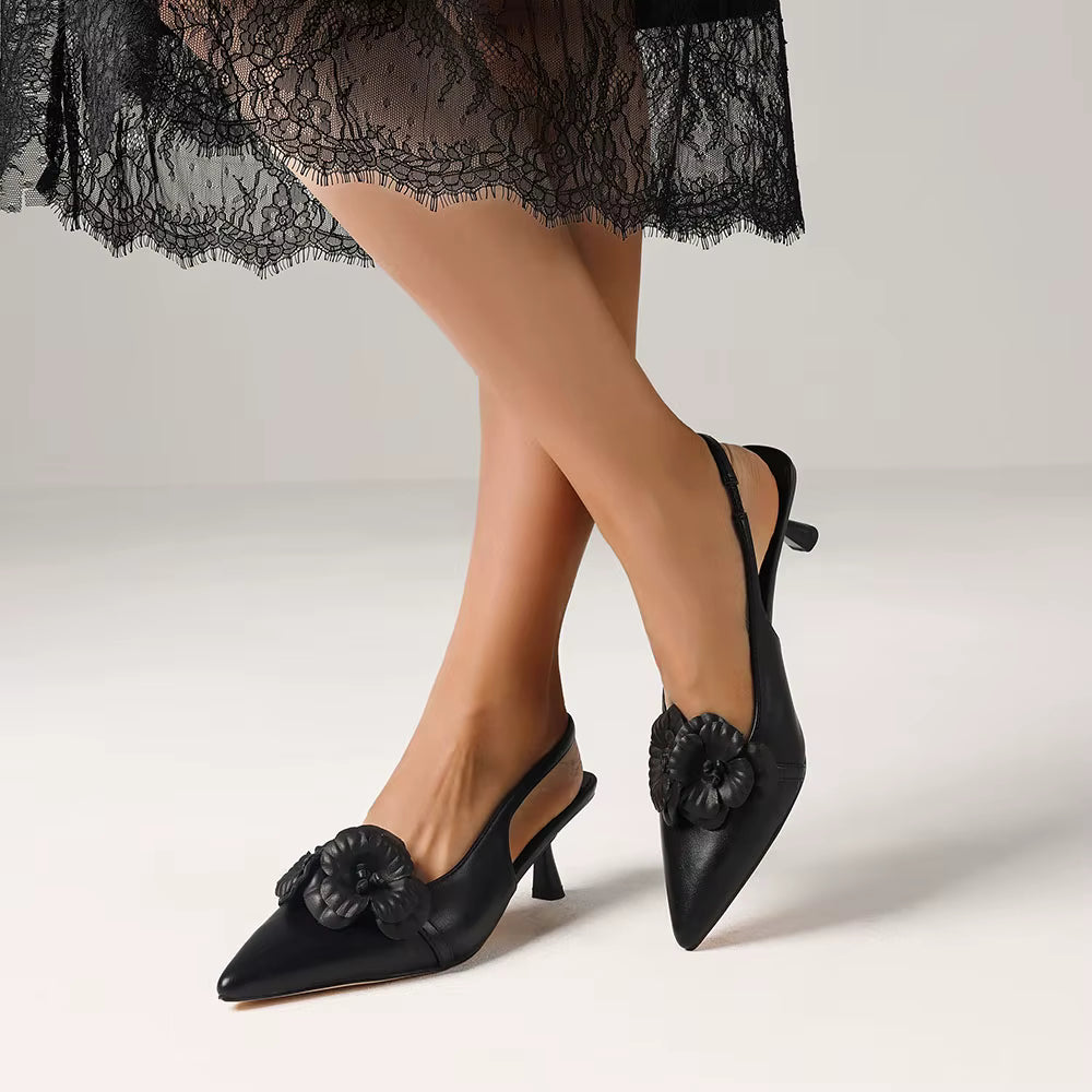 Elegant Flower Pointed Toe Elastic Band Pull-on Slingback All-Match  Kitten Sandals