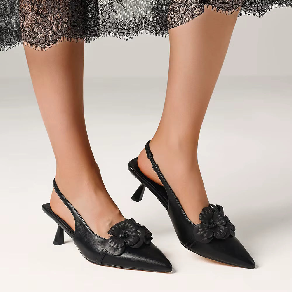 Elegant Flower Pointed Toe Elastic Band Pull-on Slingback All-Match  Kitten Sandals