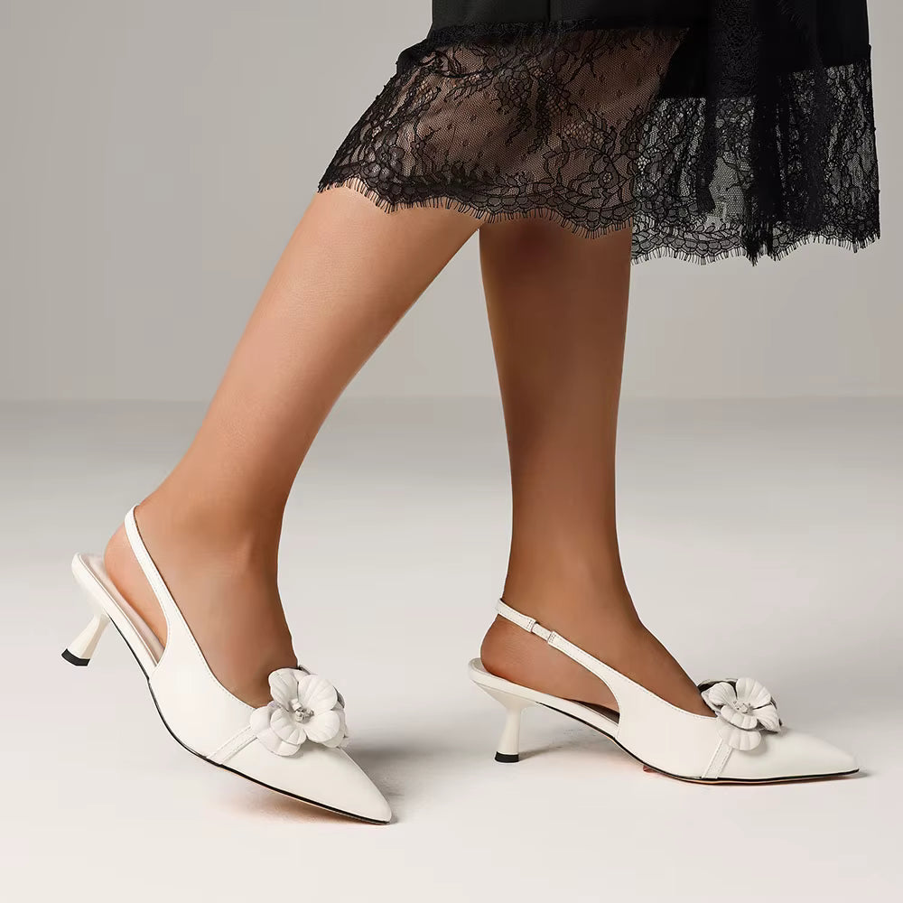 Elegant Flower Pointed Toe Elastic Band Pull-on Slingback All-Match  Kitten Sandals