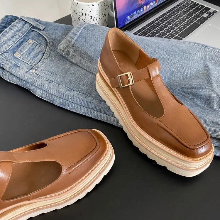 Elegant Genuine Leather Lace-up High Heels Cow Leather Wedges Sandals