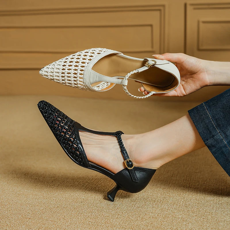 Elegant Buckle Strap Genuine Leather Pointed Toe Thin High Heel Sandals