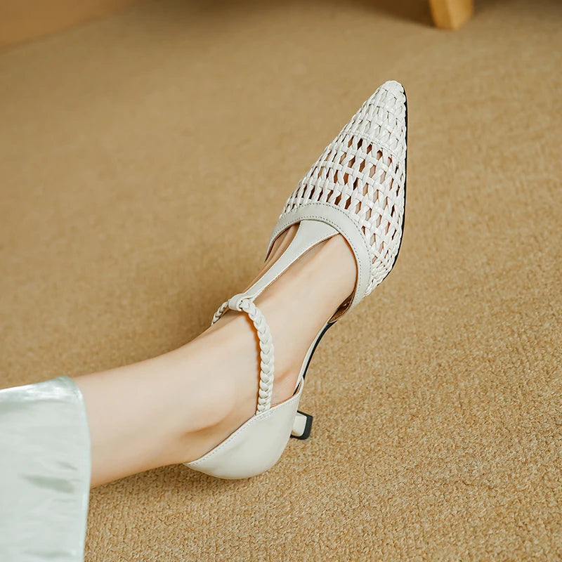 Elegant Buckle Strap Genuine Leather Pointed Toe Thin High Heel Sandals