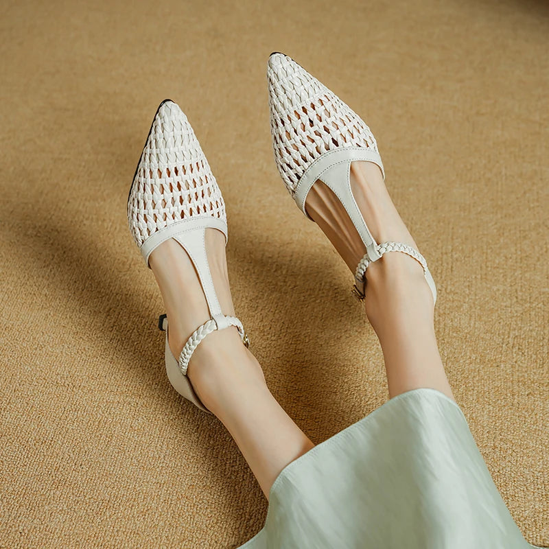 Elegant Buckle Strap Genuine Leather Pointed Toe Thin High Heel Sandals