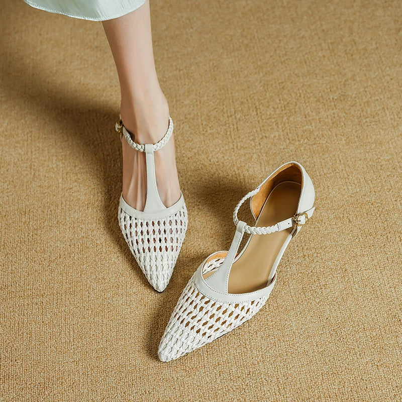 Elegant Buckle Strap Genuine Leather Pointed Toe Thin High Heel Sandals
