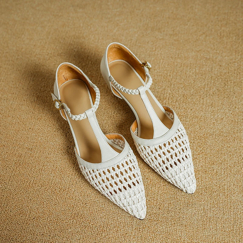 Elegant Buckle Strap Genuine Leather Pointed Toe Thin High Heel Sandals