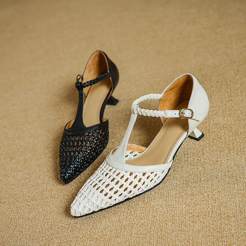 Elegant Buckle Strap Genuine Leather Pointed Toe Thin High Heel Sandals