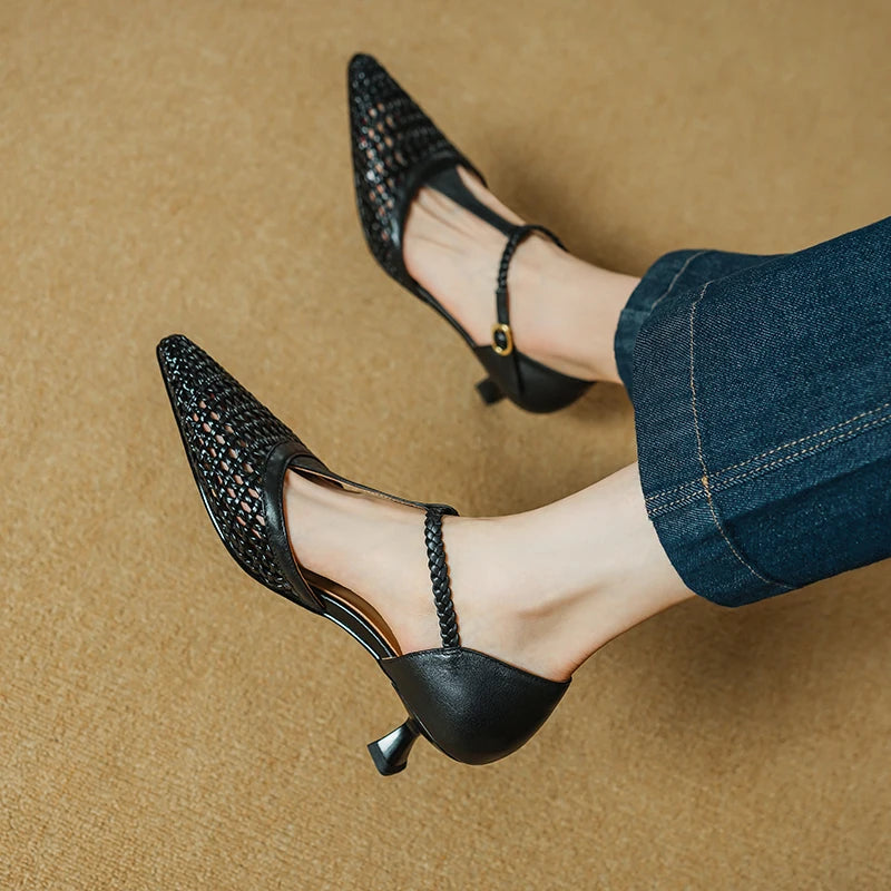 Elegant Buckle Strap Genuine Leather Pointed Toe Thin High Heel Sandals
