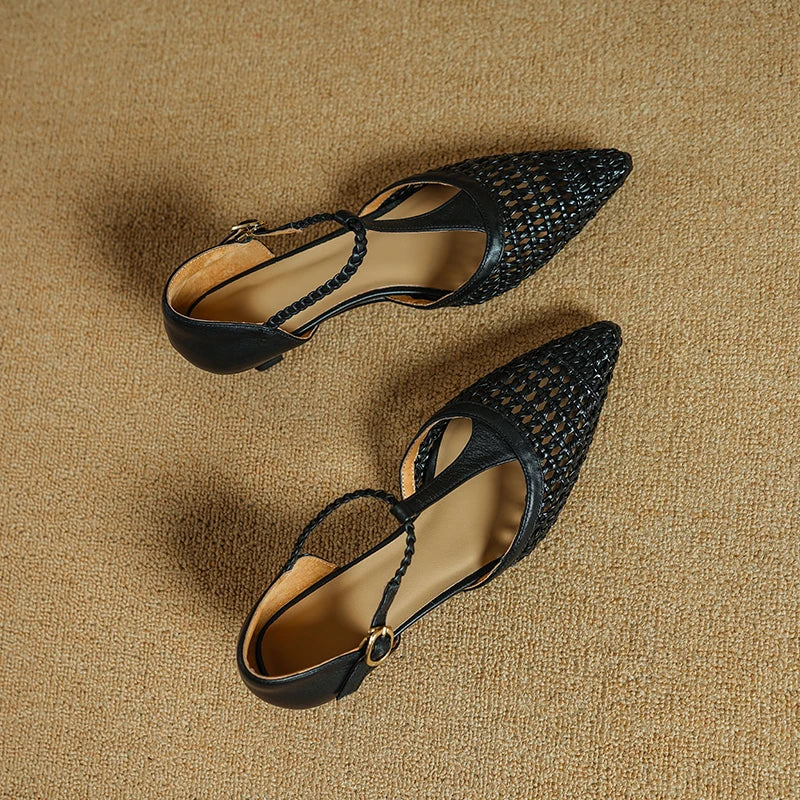 Elegant Buckle Strap Genuine Leather Pointed Toe Thin High Heel Sandals