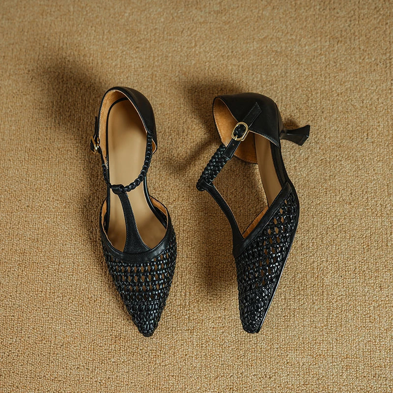 Elegant Buckle Strap Genuine Leather Pointed Toe Thin High Heel Sandals