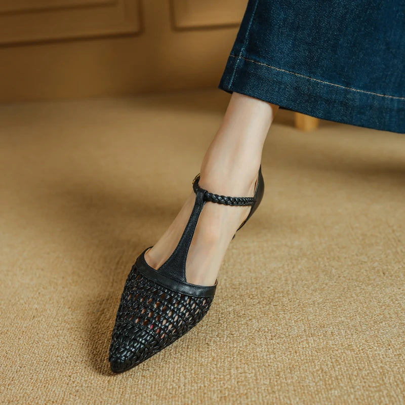 Elegant Buckle Strap Genuine Leather Pointed Toe Thin High Heel Sandals