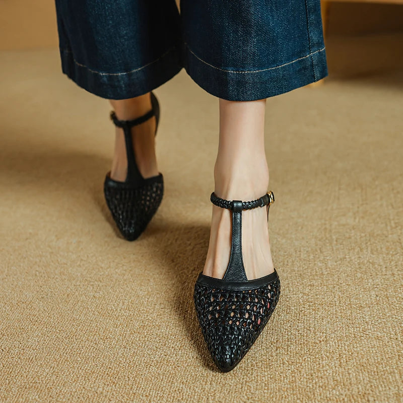 Elegant Buckle Strap Genuine Leather Pointed Toe Thin High Heel Sandals
