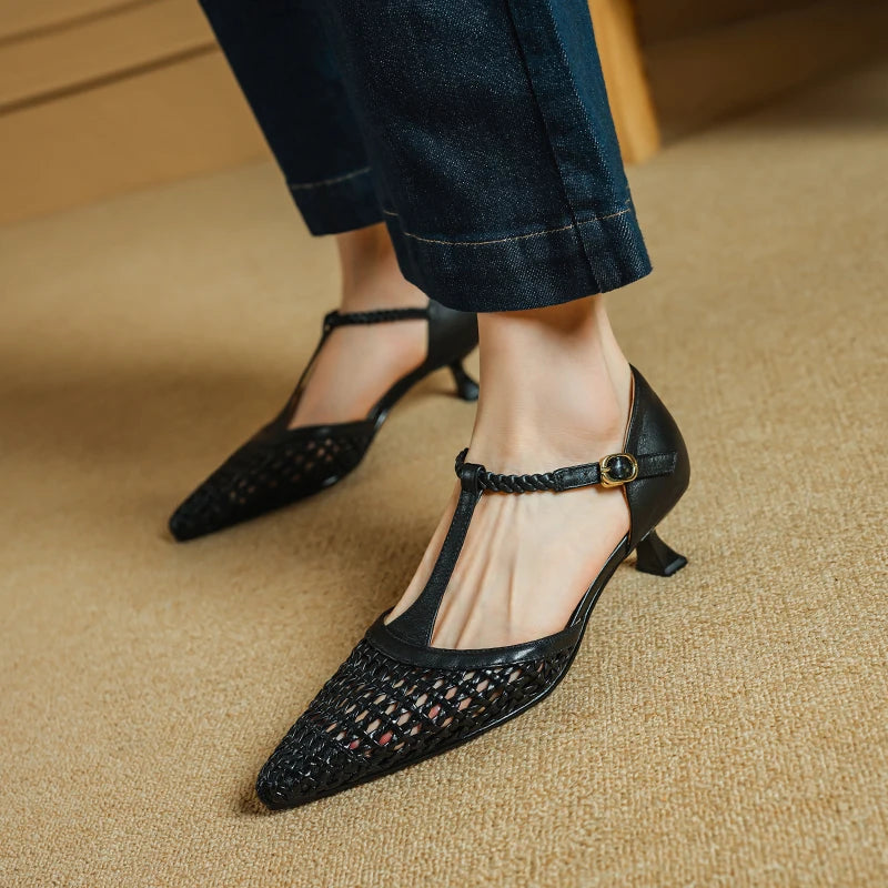 Elegant Buckle Strap Genuine Leather Pointed Toe Thin High Heel Sandals