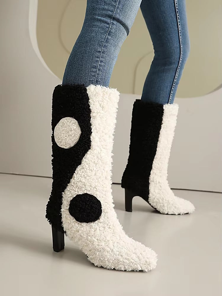 Elegant Geometric Blocked Circular Pattern Irregular Thick Heel