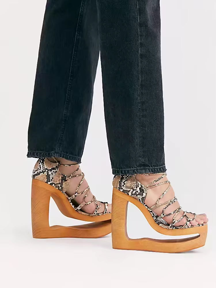 Elegant Strange Style  Tie Up Snake Pattern Heels