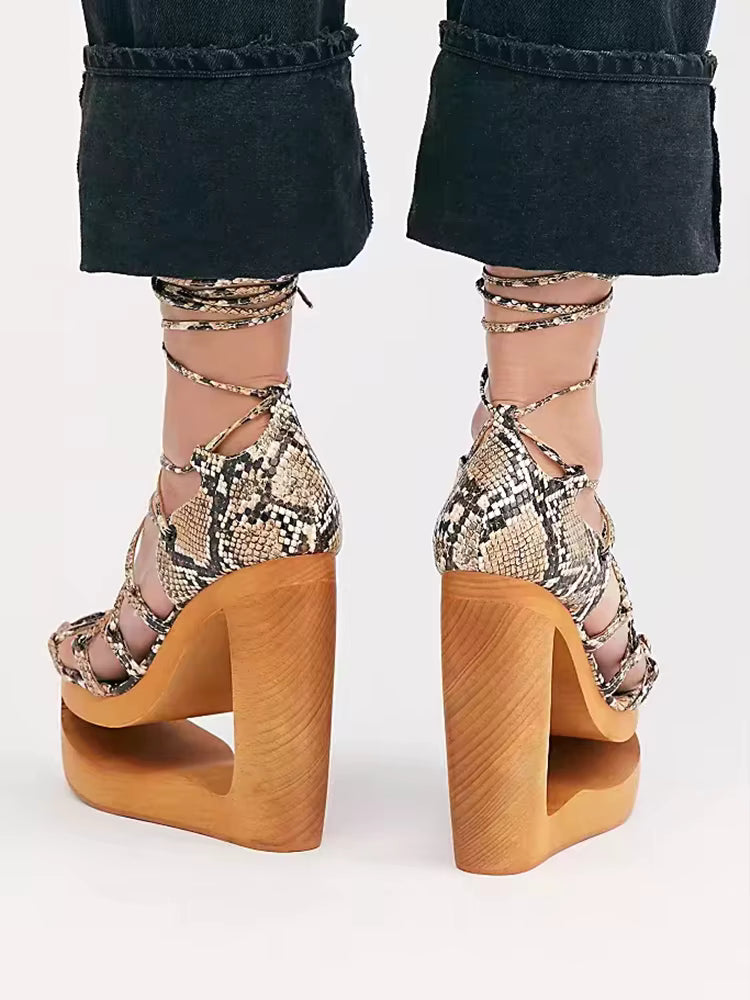 Elegant Strange Style  Tie Up Snake Pattern Heels