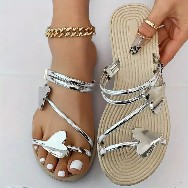 Elegant Heart Open Toe Non Slip Outdoor Beach Slides Flat Sandals