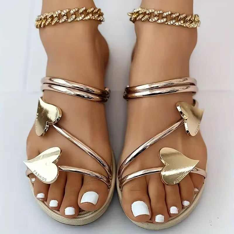 Elegant Heart Open Toe Non Slip Outdoor Beach Slides Flat Sandals