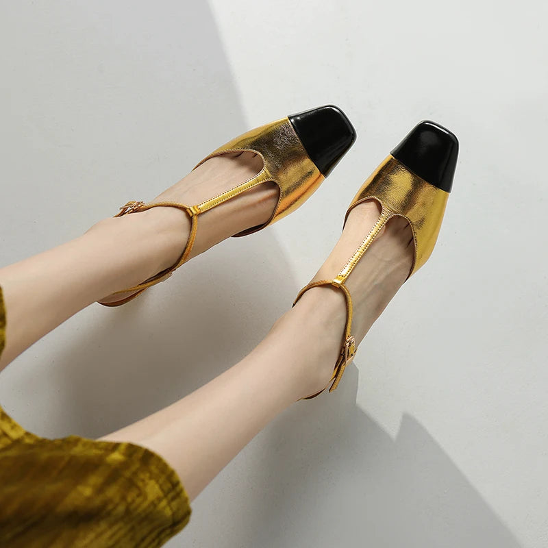 Elegant High Quality Genuine Leather Color T-shaped High Heels