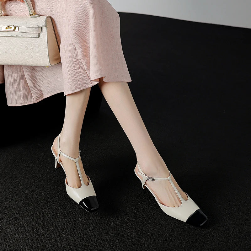 Elegant High Quality Genuine Leather Color T-shaped High Heels