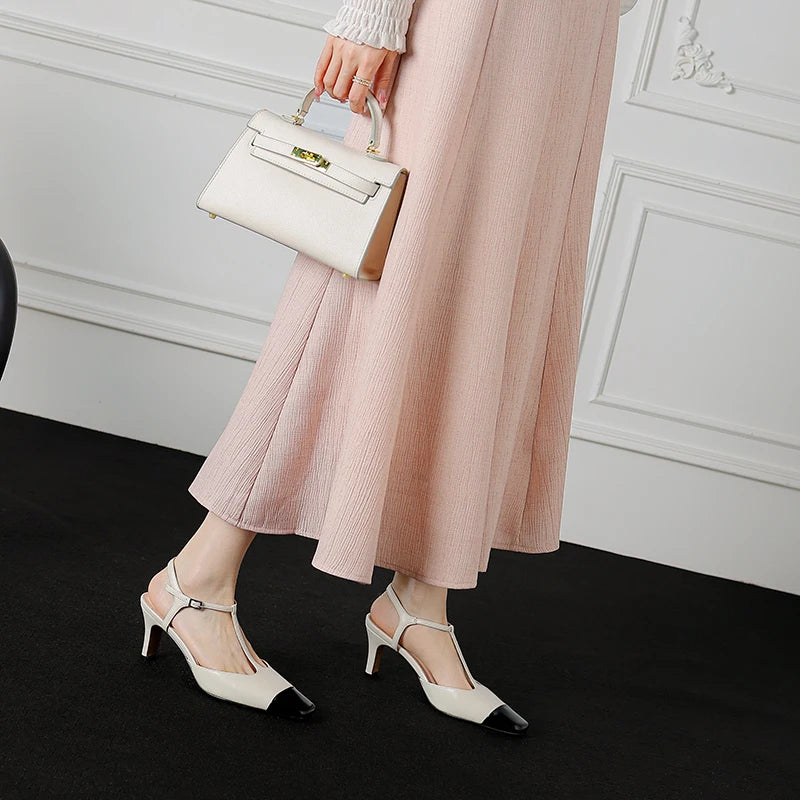 Elegant High Quality Genuine Leather Color T-shaped High Heels
