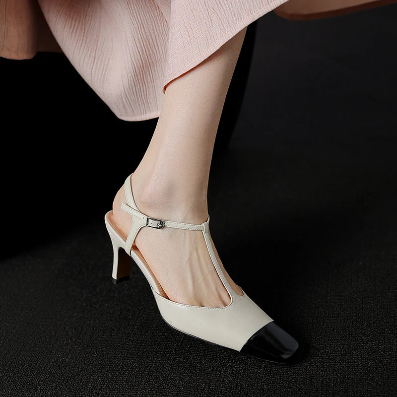 Elegant High Quality Genuine Leather Color T-shaped High Heels