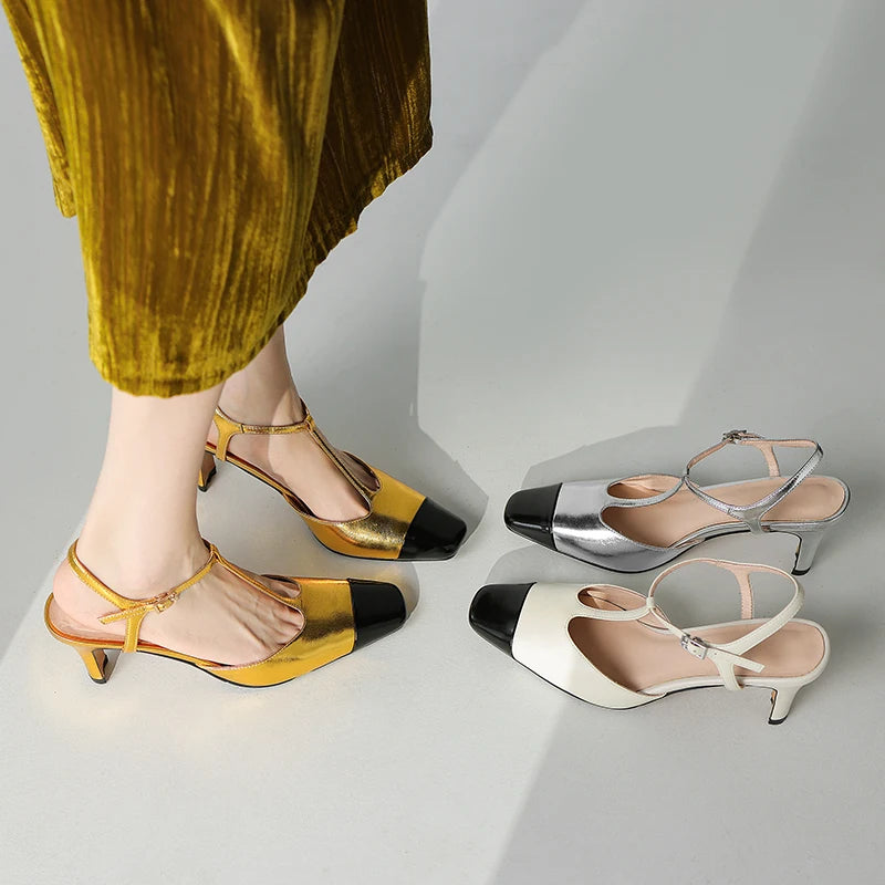 Elegant High Quality Genuine Leather Color T-shaped High Heels