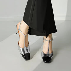Elegant High Quality Genuine Leather Color T-shaped High Heels