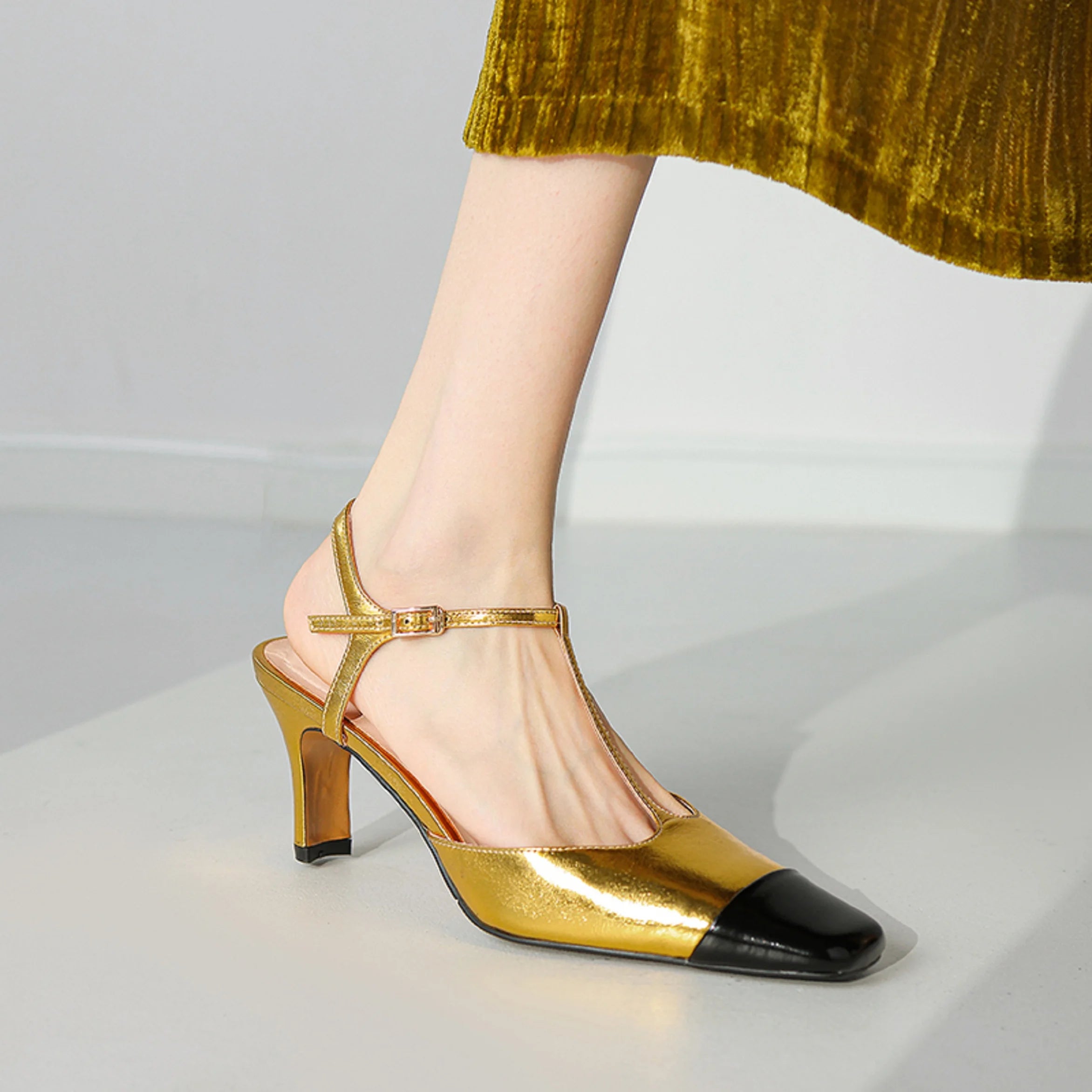 Elegant High Quality Genuine Leather Color T-shaped High Heels