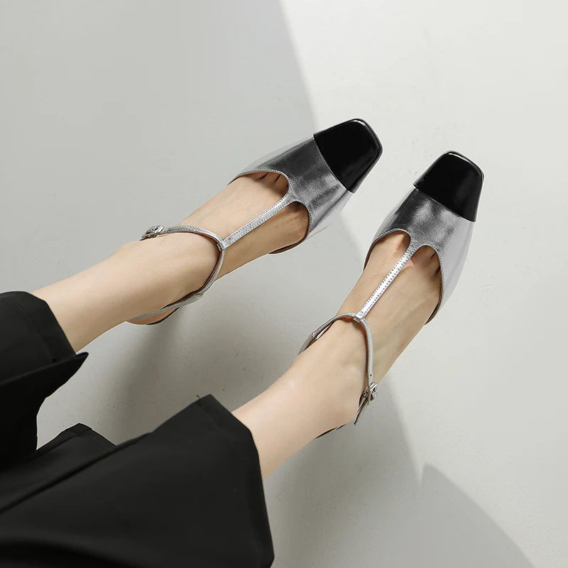 Elegant High Quality Genuine Leather Color T-shaped High Heels
