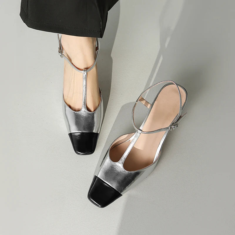 Elegant High Quality Genuine Leather Color T-shaped High Heels
