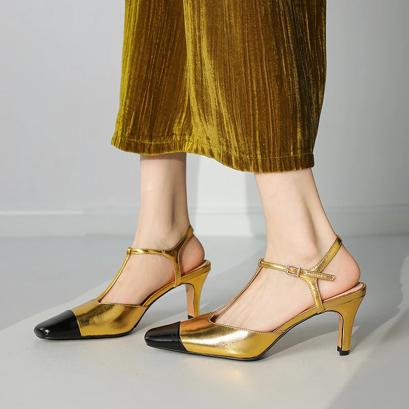 Elegant High Quality Genuine Leather Color T-shaped High Heels