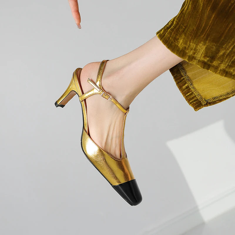 Elegant High Quality Genuine Leather Color T-shaped High Heels