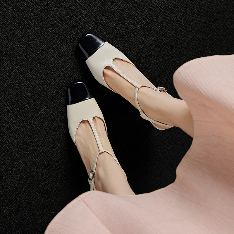 Elegant High Quality Genuine Leather Color T-shaped High Heels