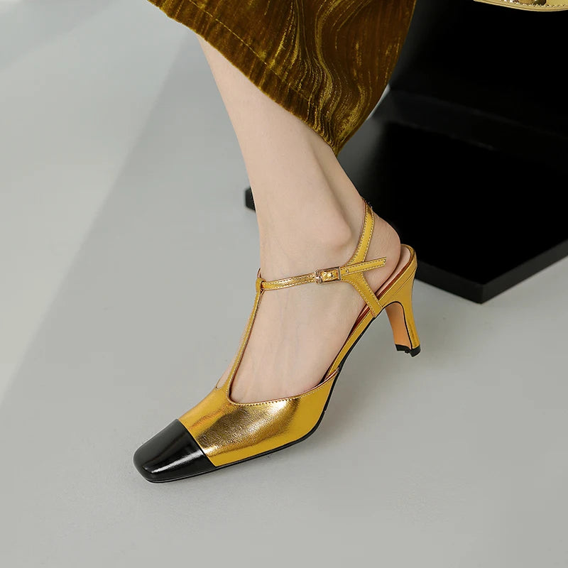Elegant High Quality Genuine Leather Color T-shaped High Heels