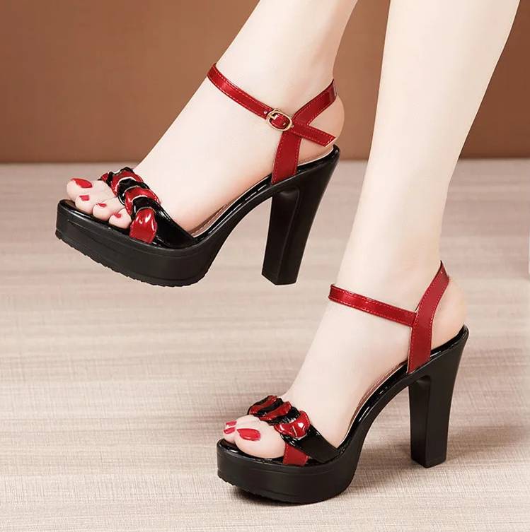 Elegant High Quality Leather Platform Open Toe High Heels Sandals